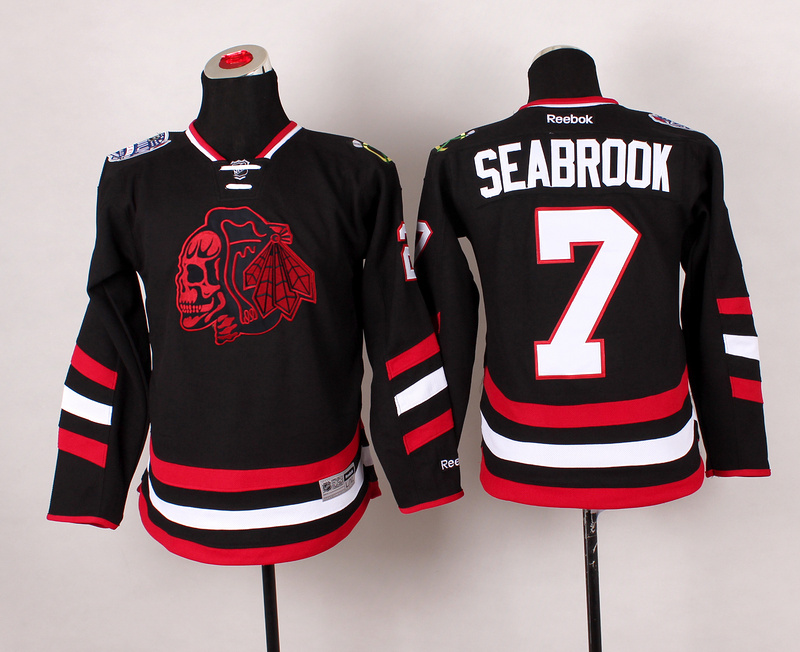 Blackhawks 7 Seabrook Black Youth Jersey(With Red Skull)