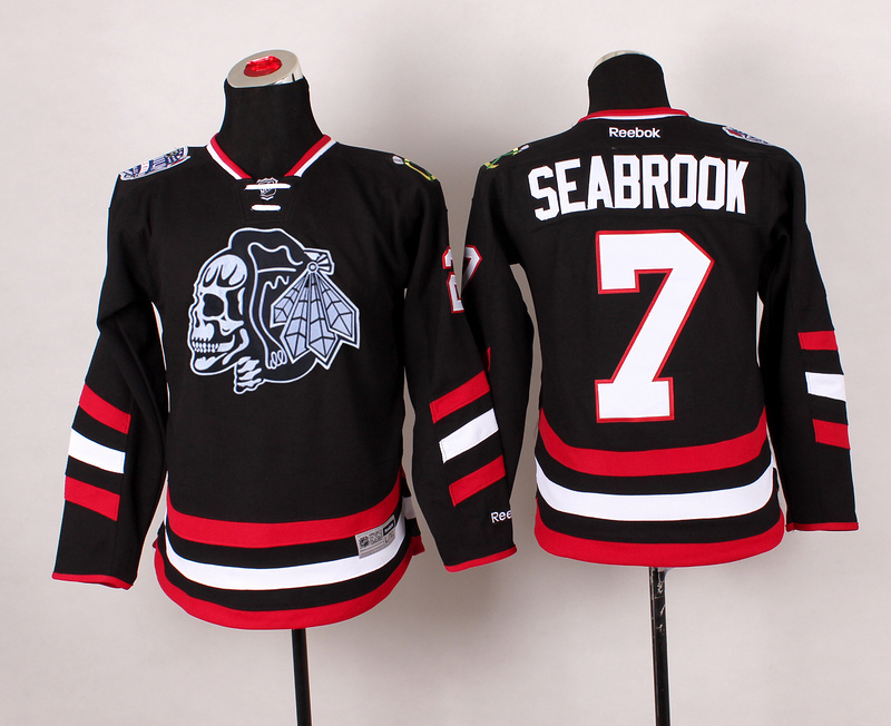 Blackhawks 7 Seabrook Black Youth Jersey(With White Skull)
