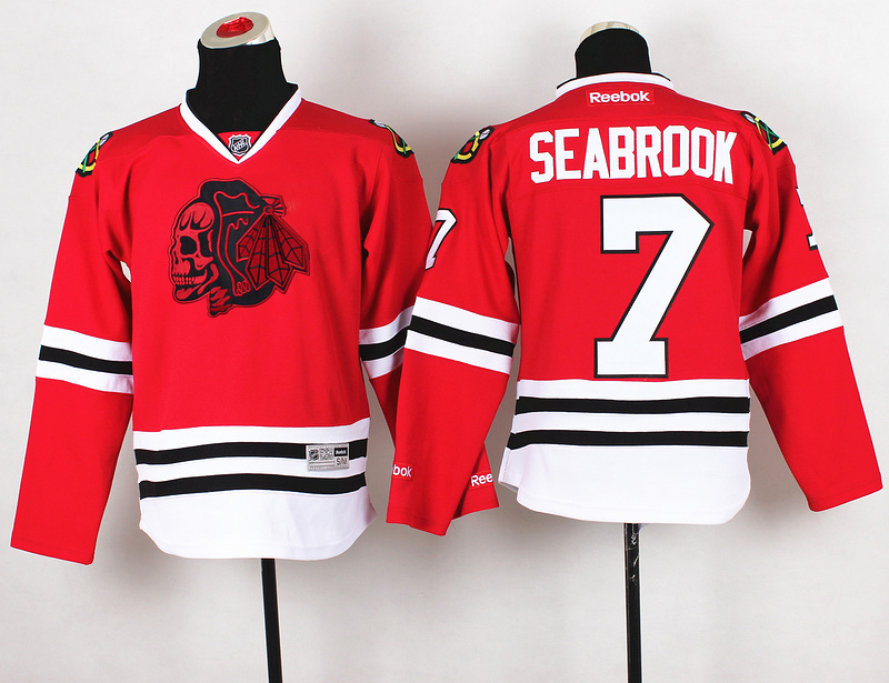 Blackhawks 7 Seabrook Red Youth Jersey(With Red Skull)