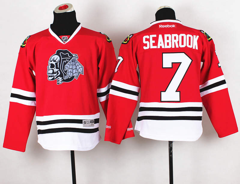 Blackhawks 7 Seabrook Red Youth Jersey(With White Skull)