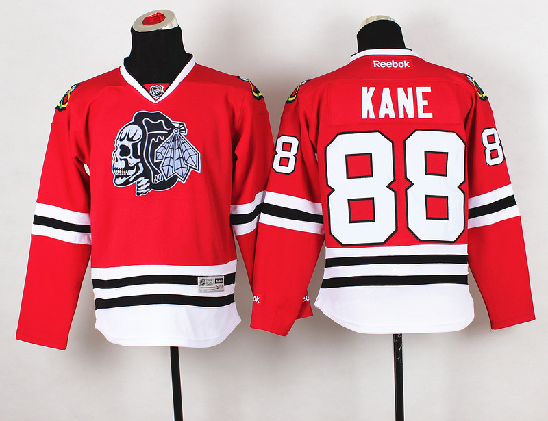 Blackhawks 88 Kane Red Youth Jersey(With White Skull)