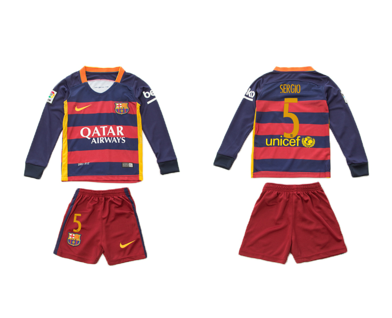 2015-16 Barcelona 5 SERGIO Home Long Sleeve Youth Jersey