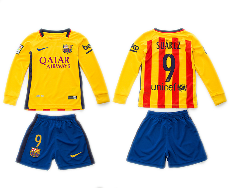2015-16 Barcelona 9 SUAREZ Away Long Sleeve Youth Jersey