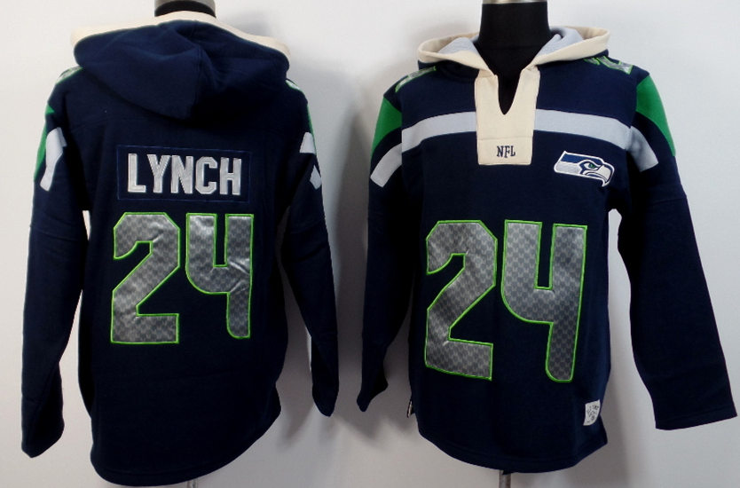 Nike Seahawks 24 Marshawn Lynch Navy Blue All Stitched Hooded Sweatshirt - Click Image to Close