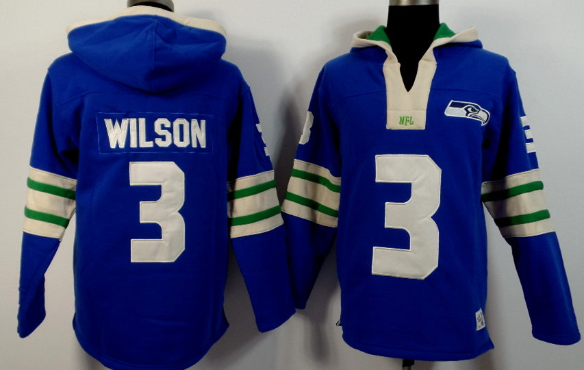 Nike Seahawks 3 Russell Wilson Blue All Stitched Hooded Sweatshirt