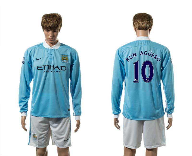 2015-16 Manchester City 10 KUN AGUERO Home Long Sleeve Jersey