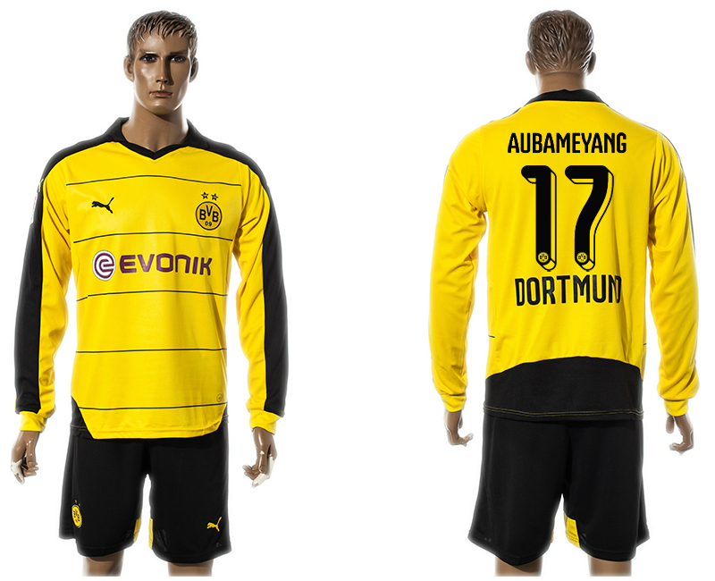 2015-16 Dortmund 17 AUBAMYANG Home Long Sleeve Jersey