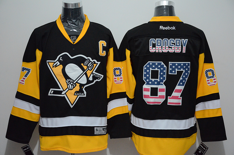 Penguins 87 Sidney Crosby Black US Flag Reebok Jersey - Click Image to Close