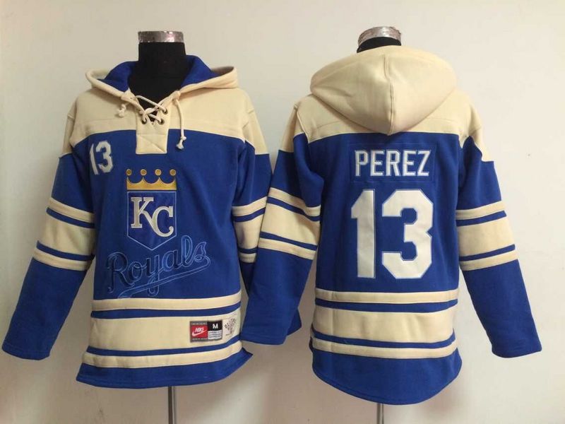 Royals 13 Salvador Perez Blue All Stitched Hooded Sweatshirt - Click Image to Close