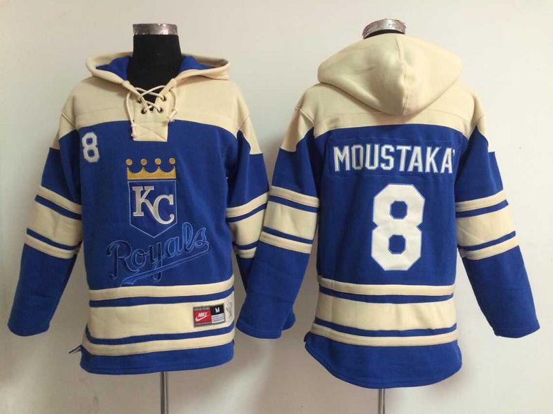 Royals 8 Mike Moustakas Blue All Stitched Hooded Sweatshirt - Click Image to Close