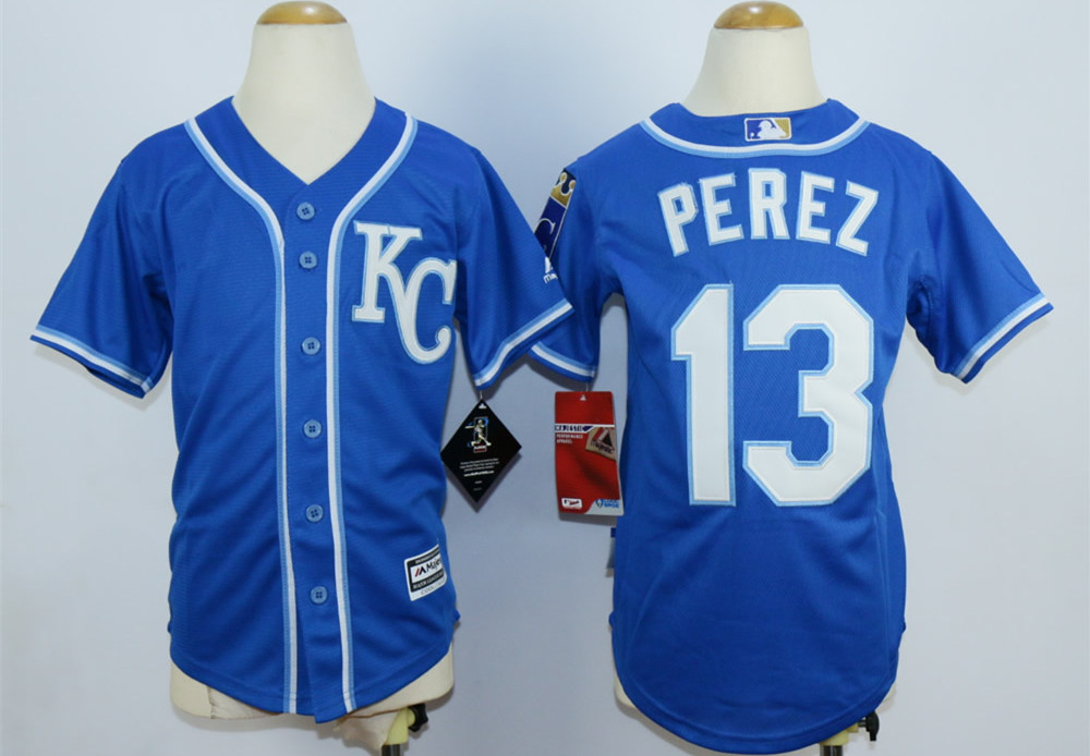 Royals 13 Salvador Perez Blue Youth New Cool Base Jersey