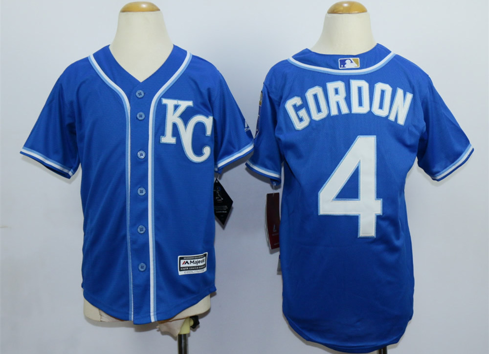 Royals 4 Alex Gordon Blue Youth New Cool Base Jersey - Click Image to Close