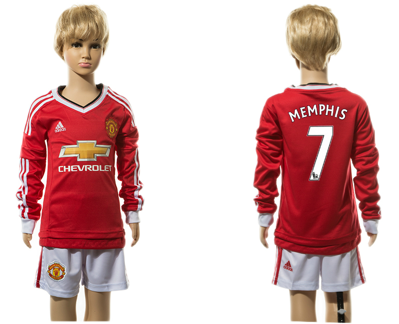 2015-16 Manchester United 7 MEMPHIS Home Long Sleeve Youth Jersey