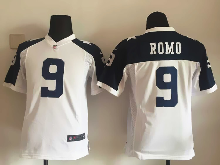 Nike Cowboys 9 Tony Romo White Throwback Youth Game Jersey