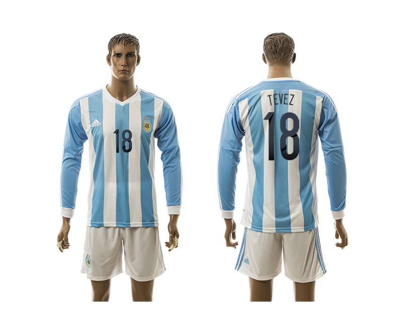 Argentina 18 TEVEZ Home 2016 Copa America Centenario 2016 Copa America Centenario Long Sleeve Soccer Jersey