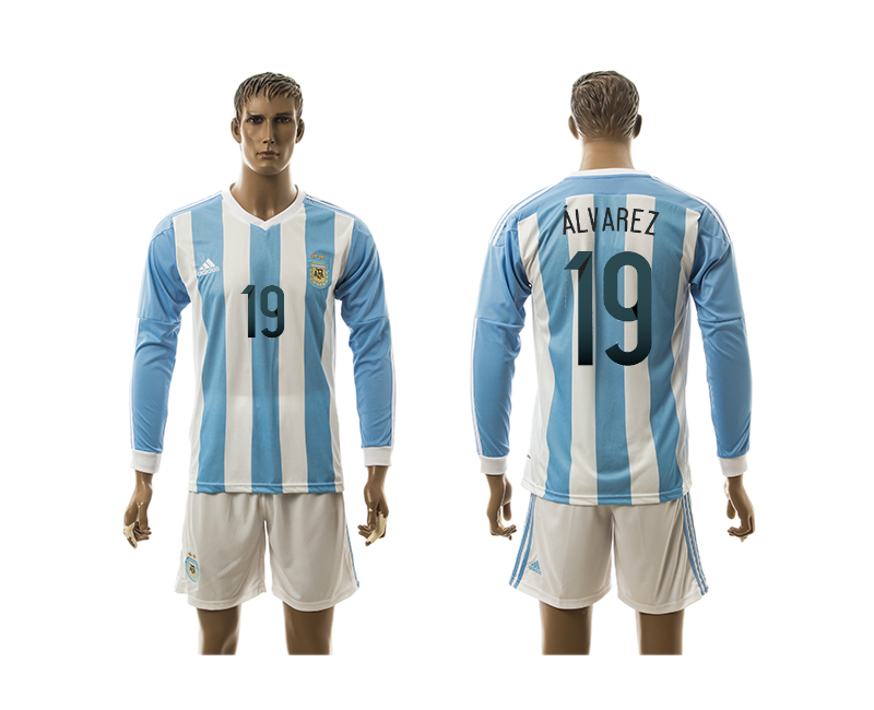 Argentina 19 ALVAREZ Home 2016 Copa America Centenario 2016 Copa America Centenario Long Sleeve Soccer Jersey
