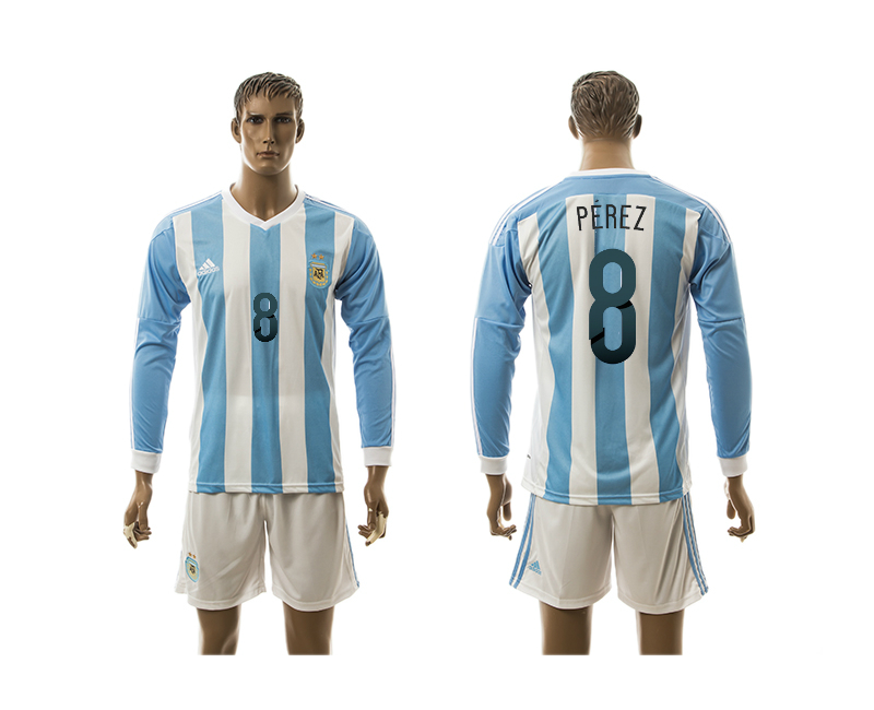Argentina 8 PEREZ Home 2016 Copa America Centenario 2016 Copa America Centenario Long Sleeve Soccer Jersey