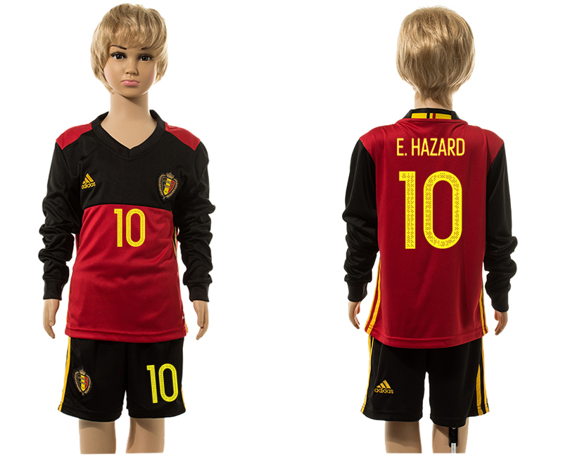 Belgium 10 E.HAZRAD Home Youth Long Sleeve UEFA Euro 2016 Jersey