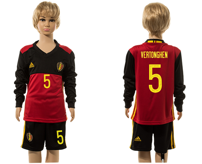 Belgium 5 VERTONGHEN Home Youth Long Sleeve UEFA Euro 2016 Jersey