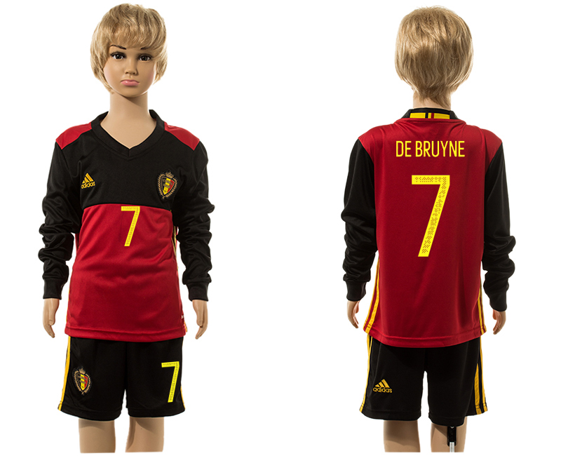 Belgium 7 DE BRUYNE Home Youth Long Sleeve UEFA Euro 2016 Jersey