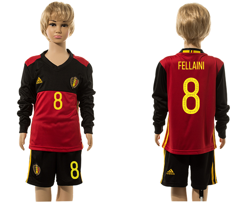 Belgium 8 FELLAINI Home Youth Long Sleeve UEFA Euro 2016 Jersey