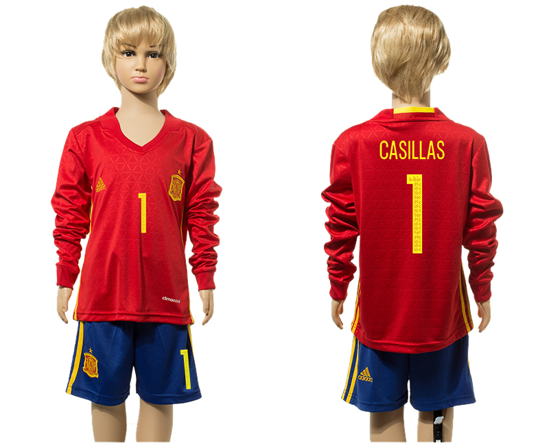 Spain 1 CASILLAS Home Youth Long Sleeve UEFA Euro 2016 Jersey