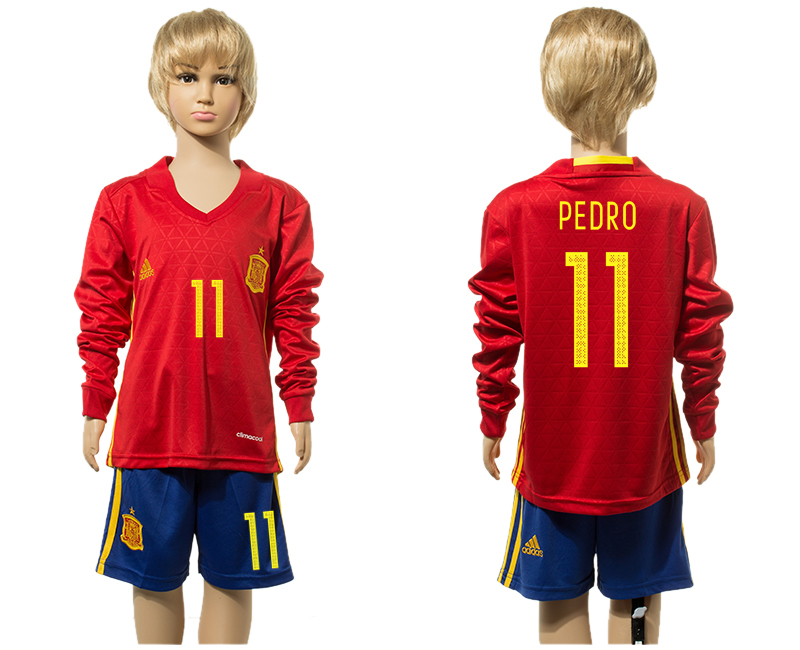 Spain 11 PEDRO Home Youth Long Sleeve UEFA Euro 2016 Jersey