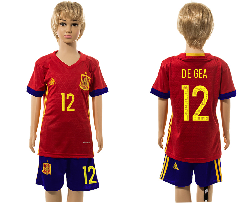 Spain 12 DE GEA Home Youth UEFA Euro 2016 Jersey