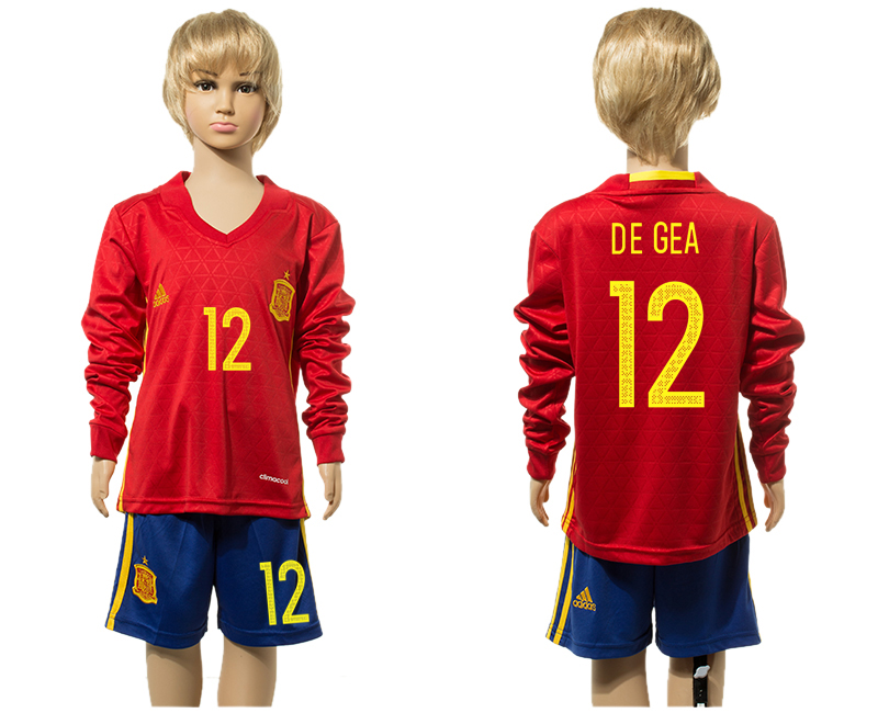 Spain 12 DE GEA Home Youth Long Sleeve UEFA Euro 2016 Jersey