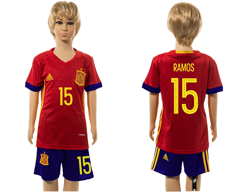 Spain 15 RAMOS Home Youth UEFA Euro 2016 Jersey