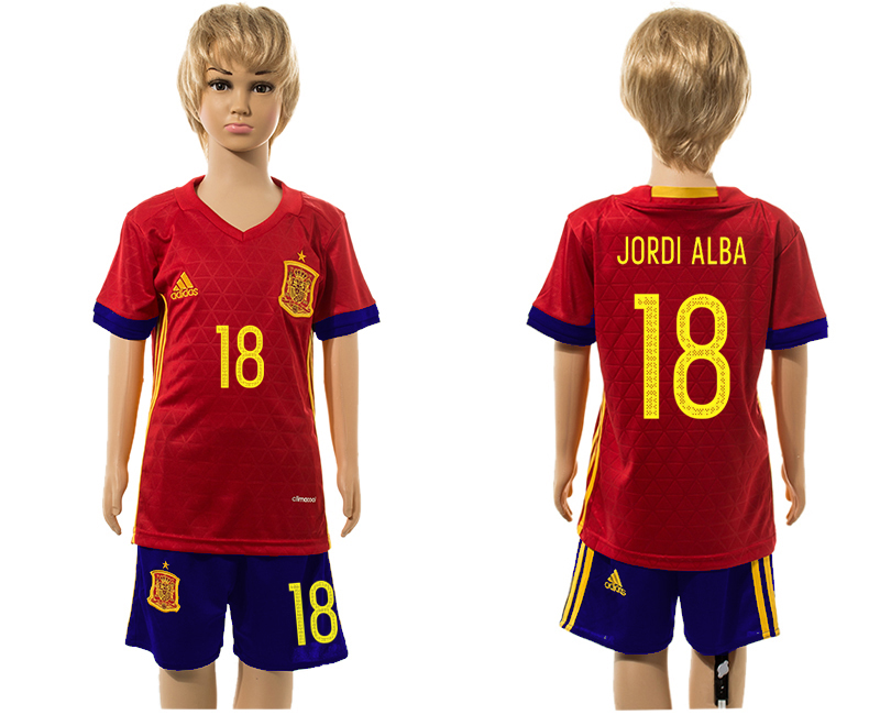 Spain 18 JORDI ALBA Home Youth UEFA Euro 2016 Jersey