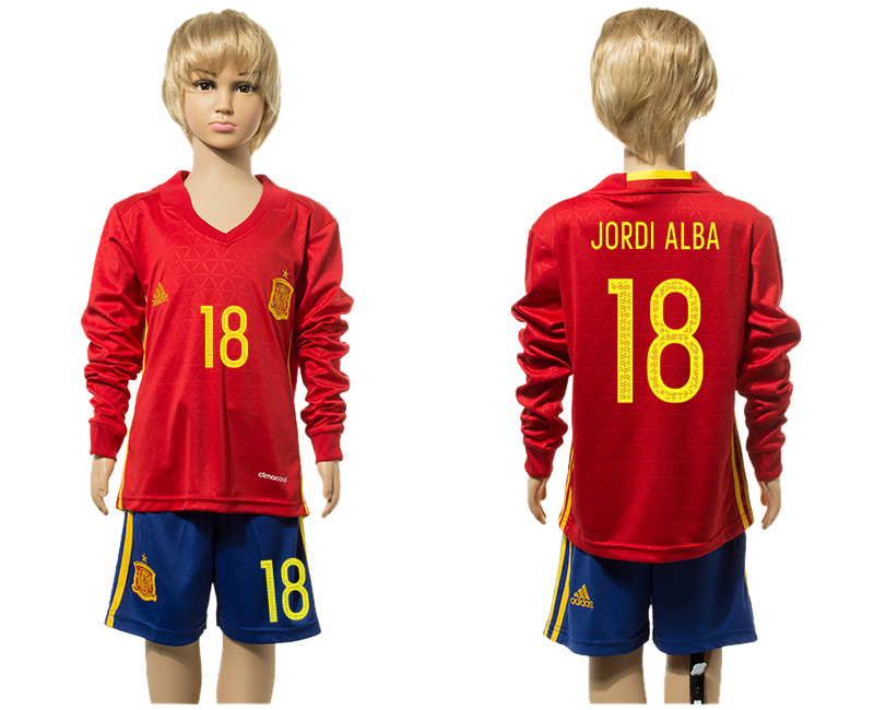 Spain 18 JORDI ALBA Home Youth Long Sleeve UEFA Euro 2016 Jersey