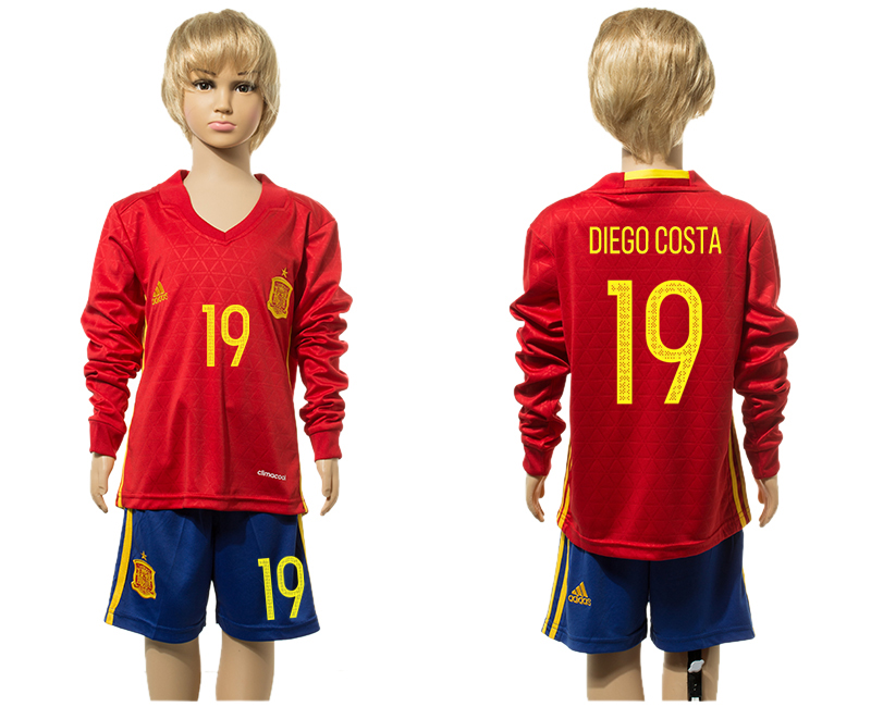 Spain 19 DIEGO COSTA Home Youth Long Sleeve UEFA Euro 2016 Jersey