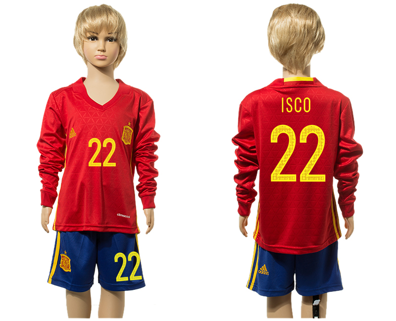 Spain 22 ISCO Home Youth Long Sleeve UEFA Euro 2016 Jersey