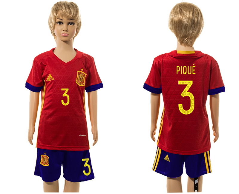 Spain 3 PIQUE Home Youth UEFA Euro 2016 Jersey