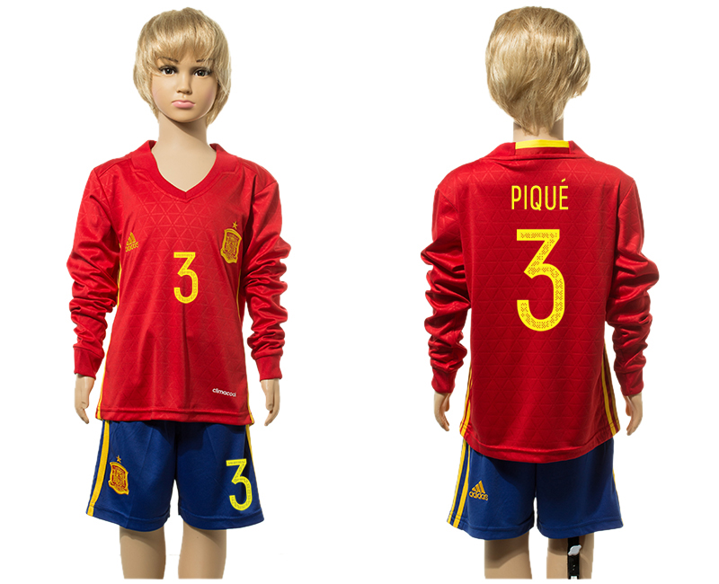 Spain 3 PIQUE Home Youth Long Sleeve UEFA Euro 2016 Jersey