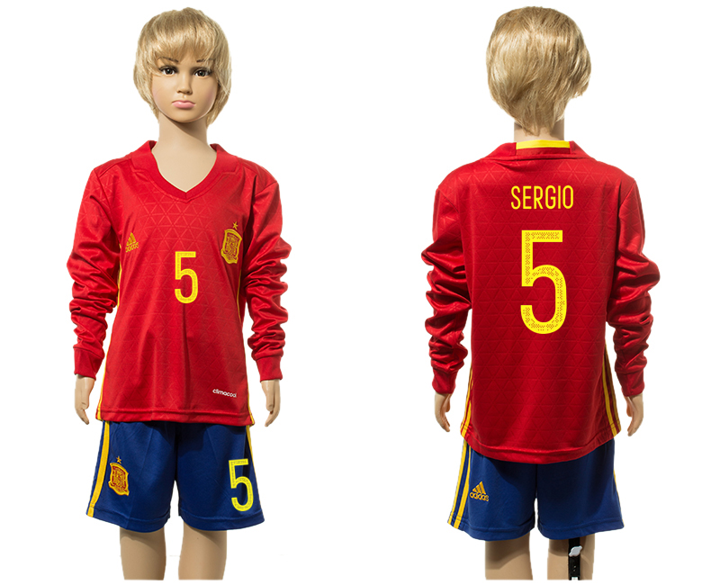 Spain 5 SERGIO Home Youth Long Sleeve UEFA Euro 2016 Jersey