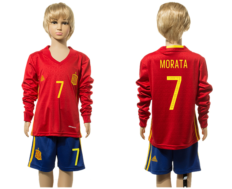 Spain 7 MORATA Home Youth Long Sleeve UEFA Euro 2016 Jersey