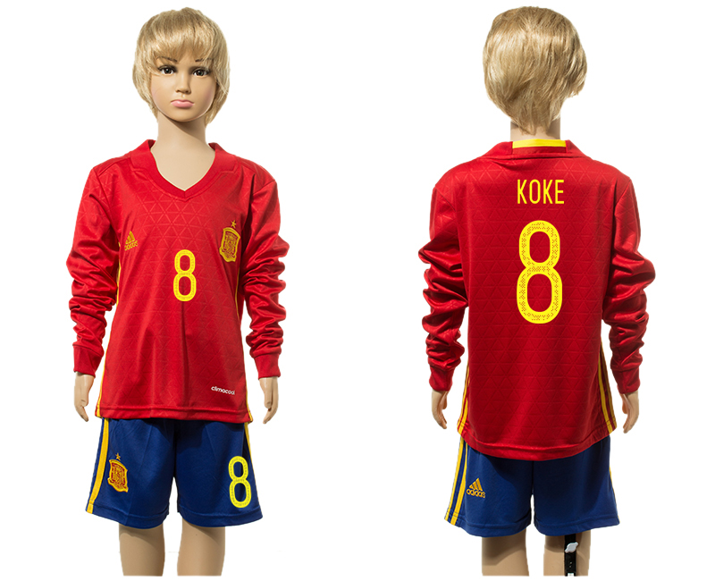 Spain 8 KOKE Home Youth Long Sleeve UEFA Euro 2016 Jersey