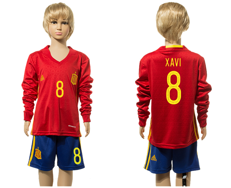 Spain 8 XAVI Home Youth Long Sleeve UEFA Euro 2016 Jersey