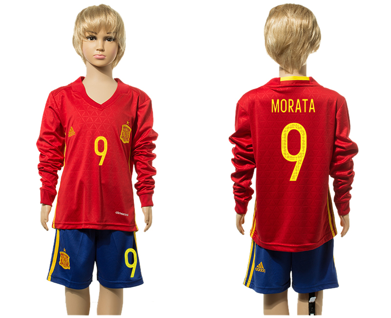 Spain 9 MORATA Home Youth Long Sleeve UEFA Euro 2016 Jersey
