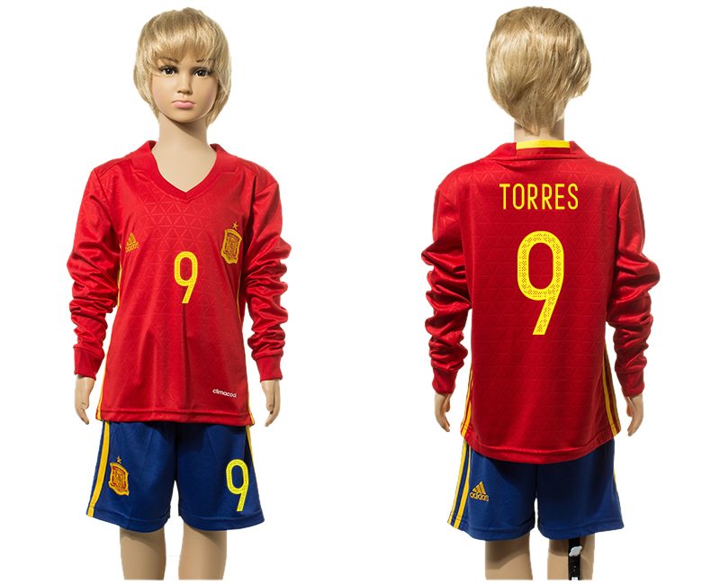 Spain 9 TORRES Home Youth Long Sleeve UEFA Euro 2016 Jersey