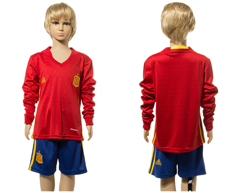 Spain Home Youth Long Sleeve UEFA Euro 2016 Jersey
