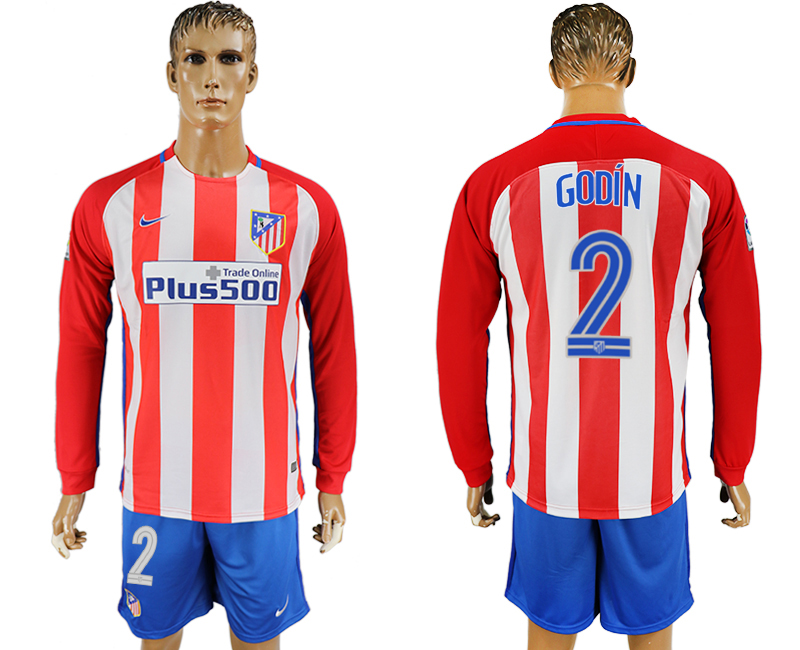 2016-17 Atletico Madrid 2 GODIN Home Long Sleeve Soccer Jersey