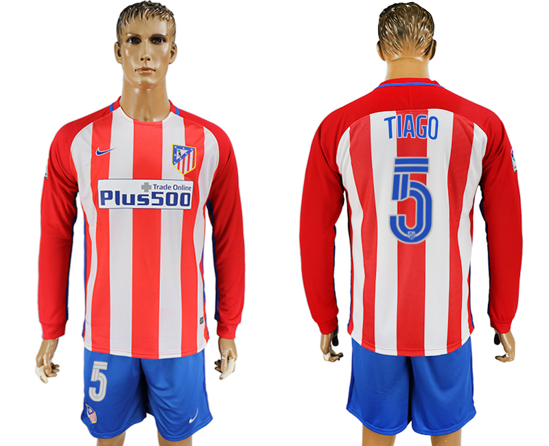 2016-17 Atletico Madrid 5 TIAGO Home Long Sleeve Soccer Jersey
