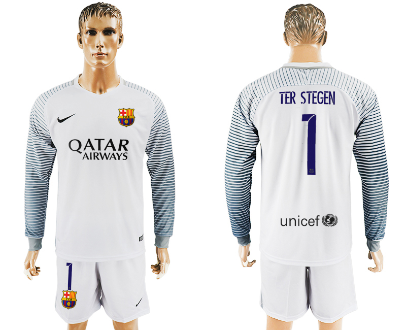 2016-17 Barcelona 1 TER STEGEN White Long Sleeve Goalkeeper Soccer Jersey