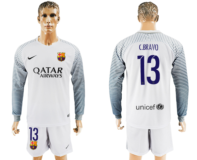 2016-17 Barcelona 13 C.BRAVO White Long Sleeve Goalkeeper Soccer Jersey