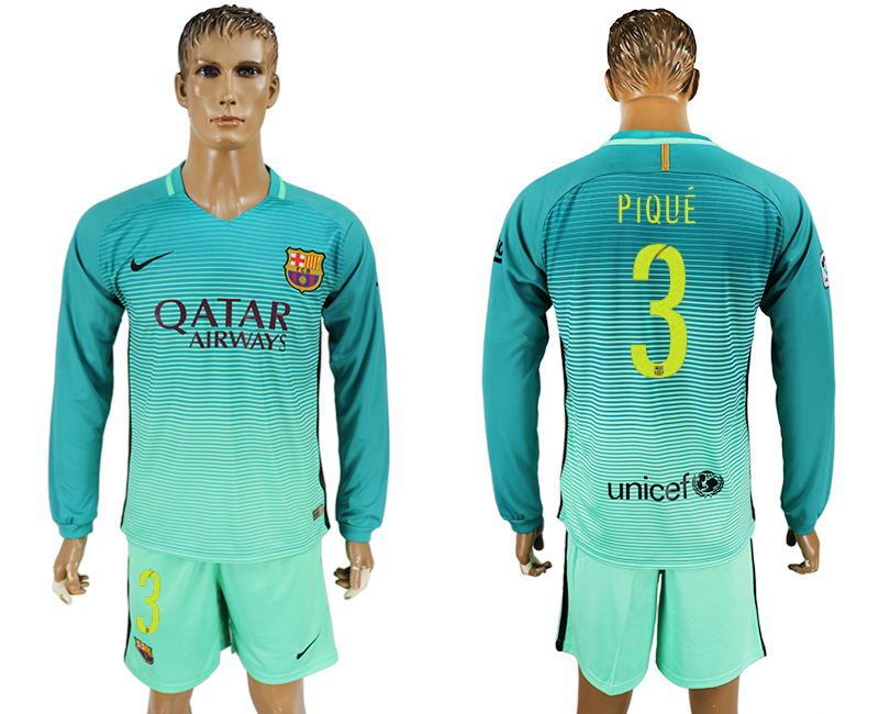 2016-17 Barcelona 3 PIQUE Third Away Long Sleeve Soccer Jersey