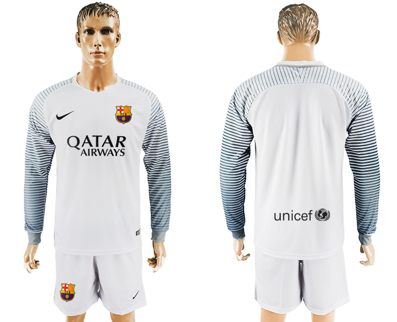2016-17 Barcelona White Long Sleeve Goalkeeper Soccer Jersey