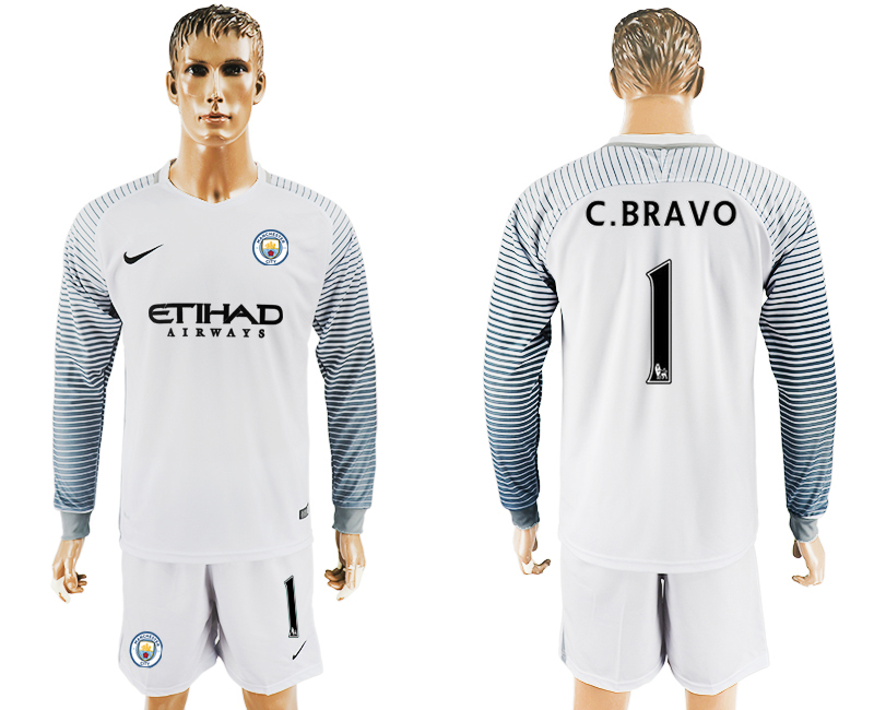 2016-17 Manchester City 1 C.BRAVO White Long Sleeve Goalkeeper Soccer Jersey